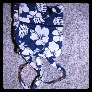 Blue and tan Hawaiian print purse backpack